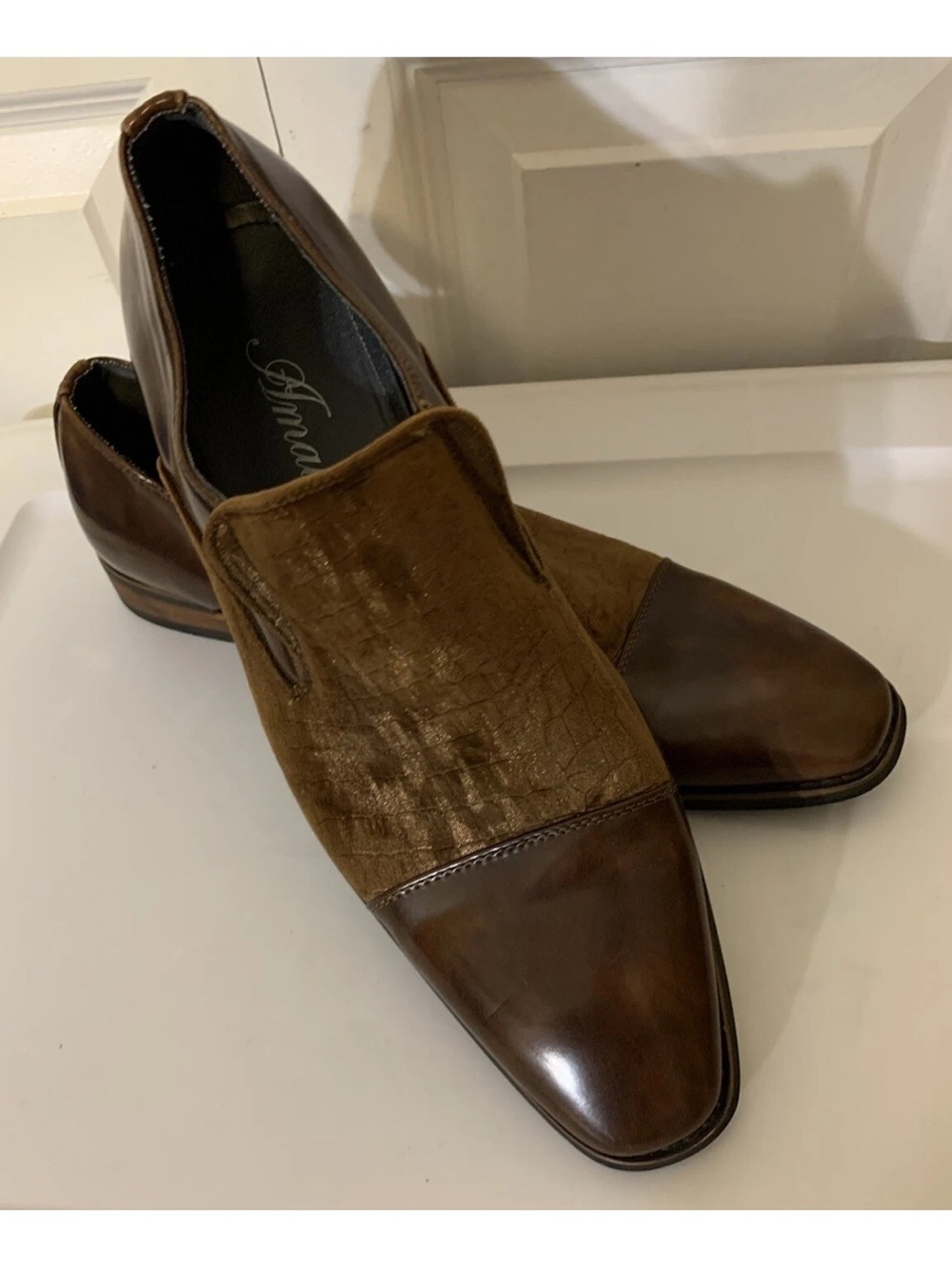 Amali Velvet Men's Sz 10 Slip‎ On Tuxedo Designer Dress Shoes Brown